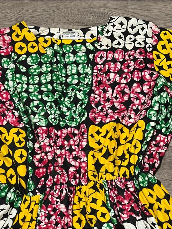 African Stars One Size Maxi Dress White Green Long Sleeve Cotton Tribal Ethnic - Picture 2 of 11